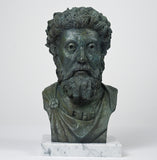 Artist-made detailed sculpture bust of stoic philosopher Marcus Aurelius, in bronze on a marble base.