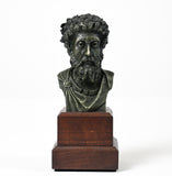 Artist-made detailed collectible bust of stoic philosopher Marcus Aurelius, in pewter on a wooden base.