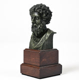 Artist-made detailed collectible bust of stoic philosopher Marcus Aurelius, in pewter on a wooden base, left side view