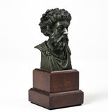 Artist-made detailed collectible bust of Stoic philosopher Marcus Aurelius, in pewter on a wooden base, right side view.
