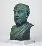 Artist-made detailed collectible bust of Stoic philosopher Seneca, in bronze on a marble base, left side view.