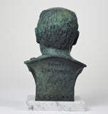 Artist-made detailed collectible bust of Stoic philosopher Seneca, in bronze on a marble base, back view with name imprint and artist signature.