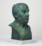 Artist-made detailed collectible bust of Stoic philosopher Seneca, in bronze on a marble base, right side view.