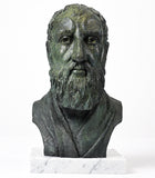 Artist-made detailed collectible bust of Stoic philosopher Zeno of Citium, in bronze on a marble base.