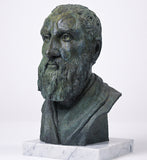 Artist-made detailed collectible bust of Stoic philosopher Zeno of Citium, in bronze on a marble base, left side view.