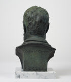 Artist-made detailed collectible bust of Stoic philosopher Zeno of Citium, in bronze on a marble base, rear view, with name imprint and artist signature.