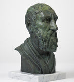 Artist-made detailed collectible bust of Stoic philosopher Zeno of Citium, in bronze on a marble base, right side view.